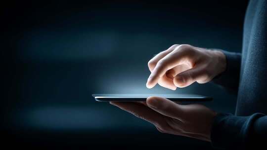 手指轻触平板屏幕科技感十足