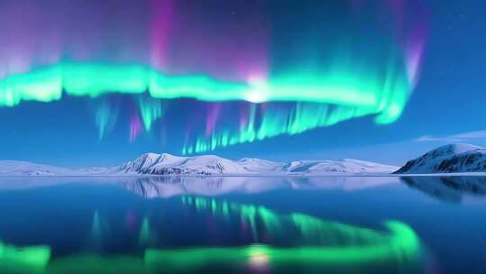 北极极光与雪山湖泊景观