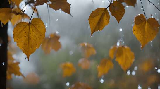 秋天的雨落在枯树叶上