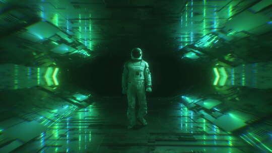 宇航员走在霓虹灯发光的未来隧道背景环中