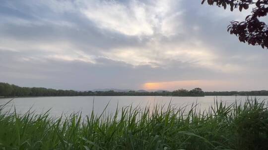 北京春日的圆明园余晖下的湖面平平