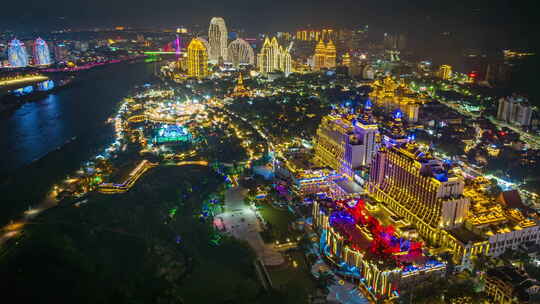 云南西双版纳告庄西双景夜景航拍延时视频