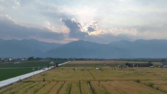 4k航拍右移远景田野乡村夕阳全景