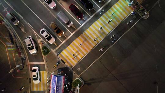 城市夜晚道路人行道行人航拍