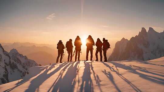 登山团队团结合作手拉手齐心协力成功登山峰