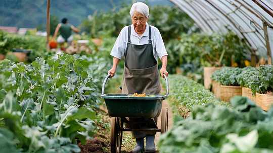 农民推着铲车在菜地里