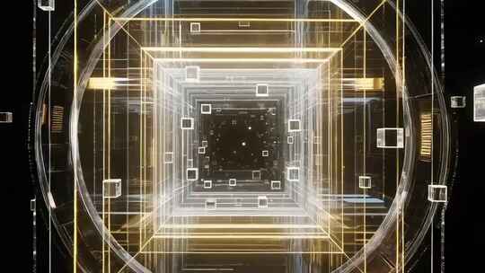 科技背景旋转穿梭金色立方体
