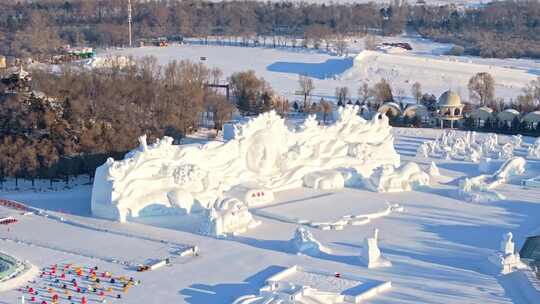 中国黑龙江哈尔滨太阳岛雪博会雪雕航拍