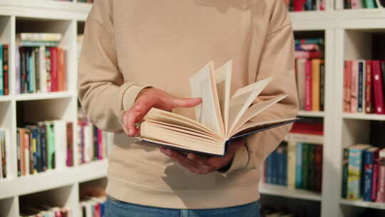 在大学图书馆书店或商店看书的人戴着眼镜的西班牙学生站着视频素材模板下载