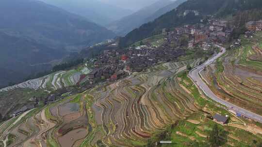 贵州黔东南加榜梯田加车古村落航拍自然风光