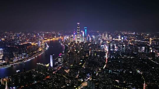 航拍上海外滩黄浦江陆家嘴城市夜景