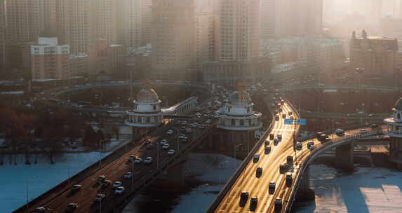 电影感哈尔滨冬日城市景象