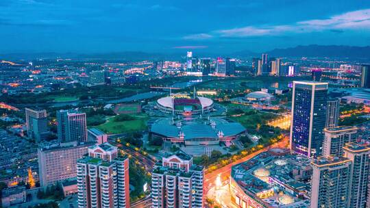 浙江义乌都市城市地标夜景风光航拍延时摄影