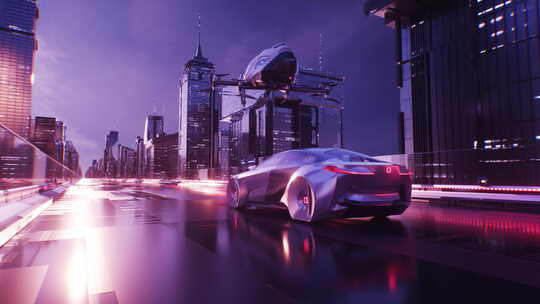 未来城市与乘坐汽车和飞行无人机出租车电影