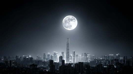 满月映照下的都市夜景