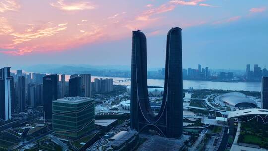 航拍夕阳下的杭州奥体博览城2视频素材模板下载
