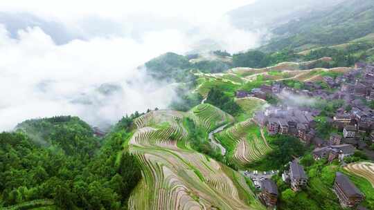 航拍广西桂林龙脊梯田高山云海壮丽风景