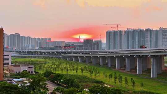 深圳中山翠亨新区深中大桥车流夜景日落航拍