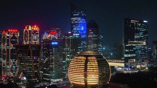 《4K超清》杭州城市阳台CBD夜景航拍视频素材模板下载