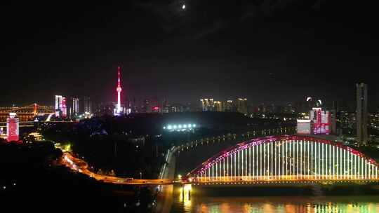 湖北武汉夜景武汉晴川桥夜景航拍