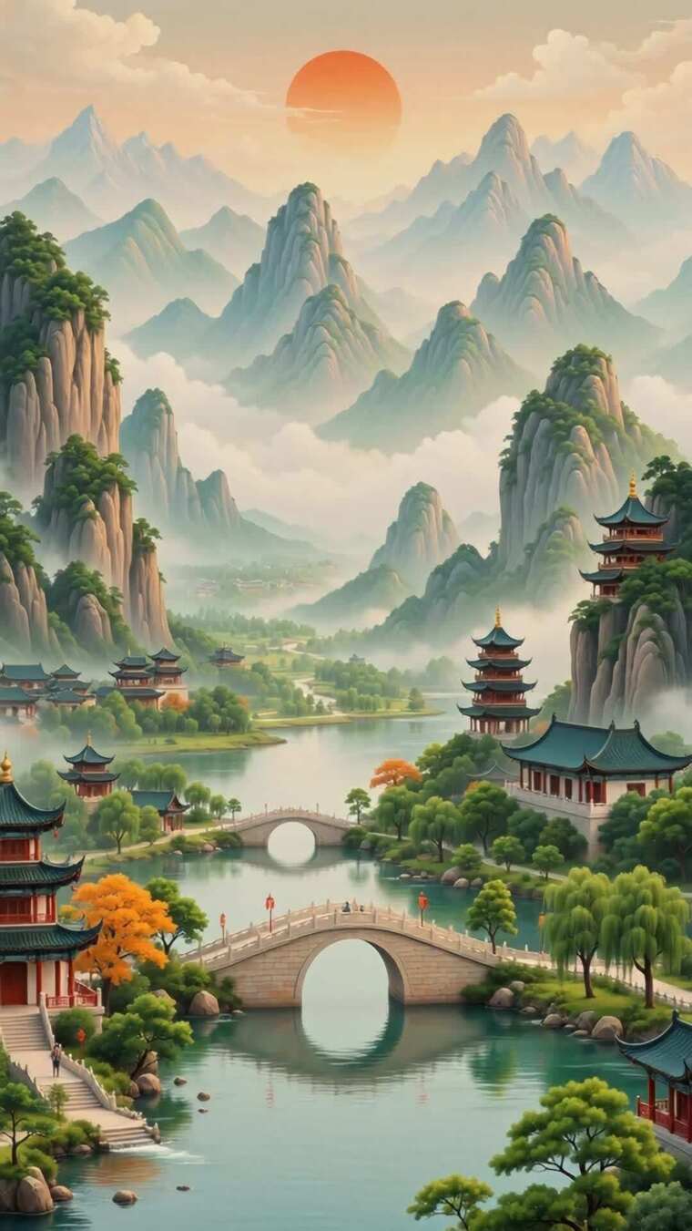 古风山水中式建筑风景素材