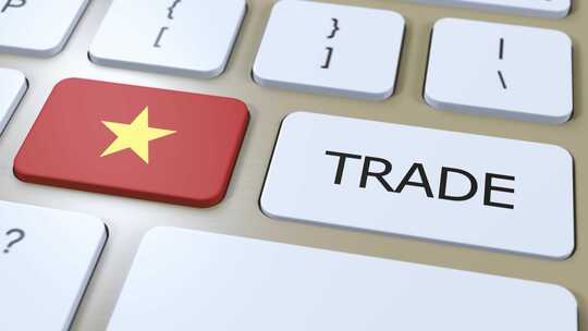 按钮3D动画上的越南国旗和贸易文本