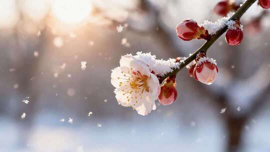 雪中绽放的梅花特写