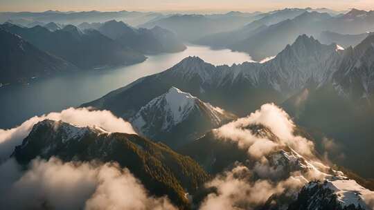 航拍山水云雾环绕山脉景观