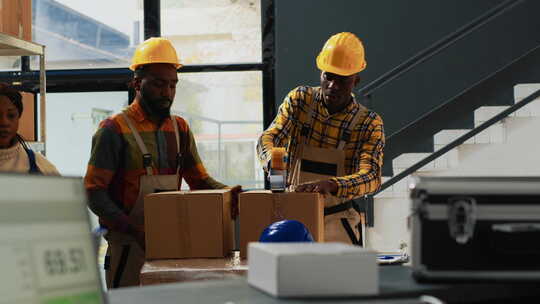 仓库工人团队用供应品包装盒子