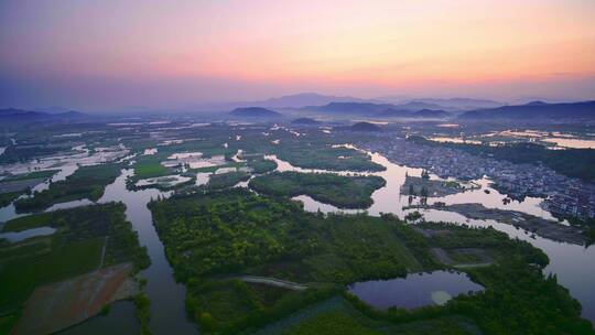 航拍夕阳下诸暨著名景点白塔湖国家湿地公园