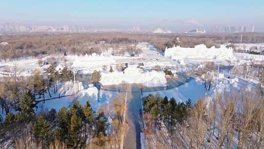 中国黑龙江哈尔滨太阳岛雪博会雪雕航拍