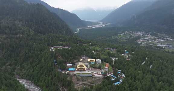 西藏林芝地区波密县城寺庙雪山高空航拍