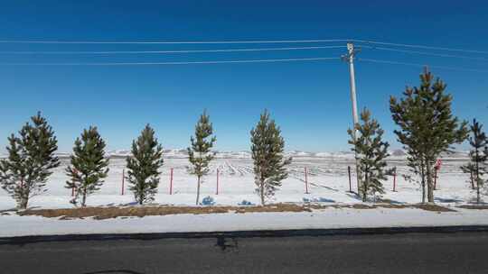 开车行驶在雪后公路 车窗外雪景