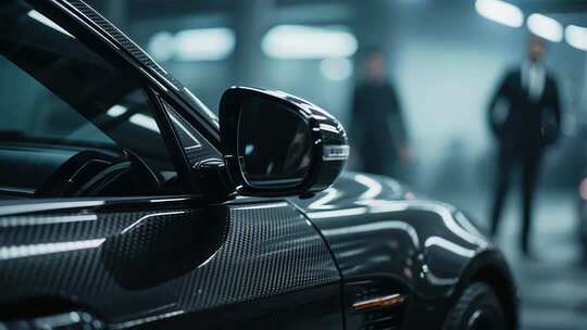 黑色汽车侧视及背景模糊人物