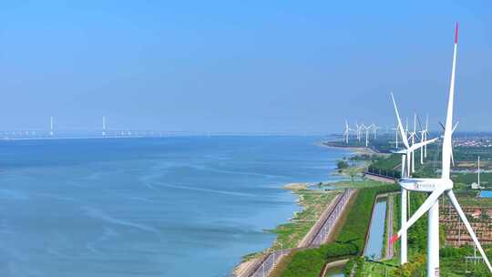 航拍上海长兴岛青草沙水库 风力发电机组