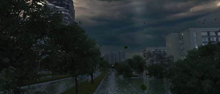 台风洪涝天气城市街景三维动画