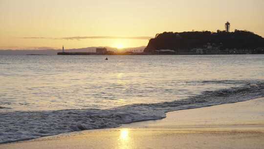 日本镰仓海边 落日风景沙滩海浪