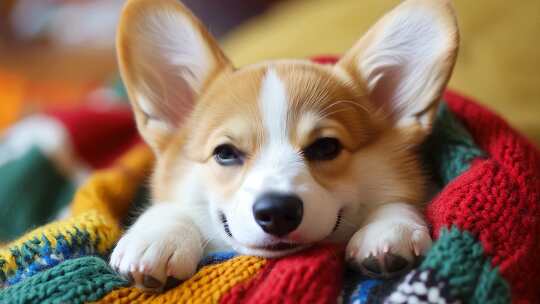 可爱柯基裹毛毯温暖治愈