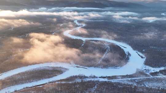 航拍林海雪原冰河云海朝阳