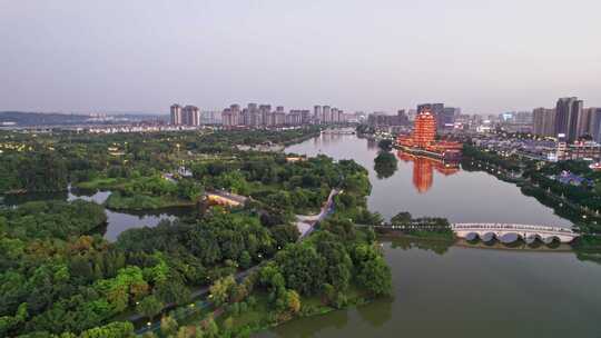 眉山远景楼和东坡城市湿地公园夜景航拍