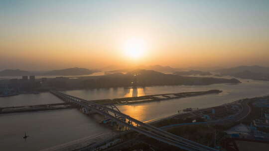 实拍延时航拍舟山群岛海上夕阳