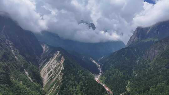 航拍四川甘孜贡嘎山区南门关沟森林河谷风光