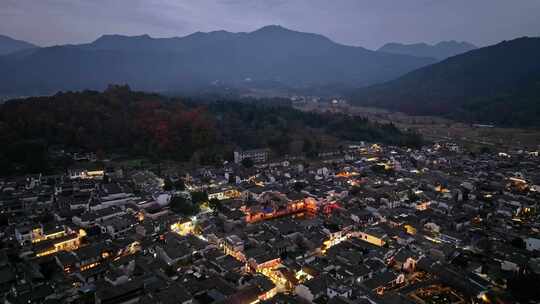 安徽黄山宏村徽派建筑群秋色日落夜景航拍