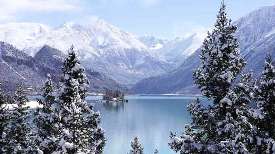 西藏然乌湖雪山森林湖泊雾凇雪景风光