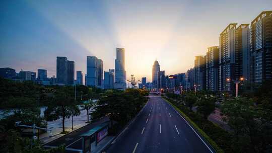 南宁夜景延时 城市傍晚落日余晖丁达尔光效