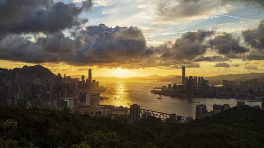 香港维多利亚港日金光落日转夜延时