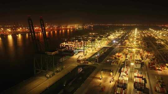 航拍夜景天津港码头集装箱物流运输