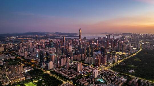 航拍广东深圳福田中心区晚霞夜景城市风光