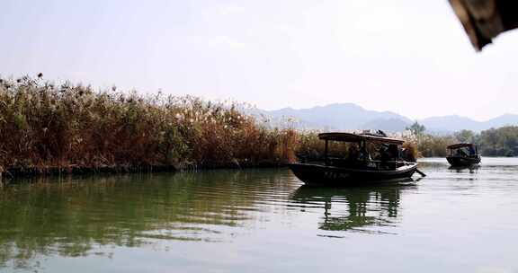 中国杭州西溪湿地摇橹船河中前行