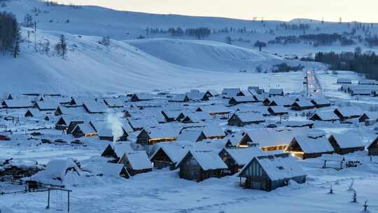 禾木冬天晨曦 村庄 禾木雪景新疆冬季旅游